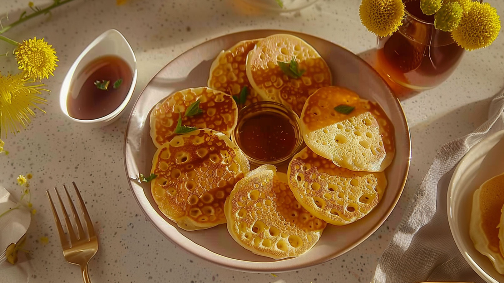 Ein Teller mit frisch gebackenem Pfannkuchen, die aufeinander gestapelt sind. In der Mitte befindet sich ein kleines Schälchen mit Sirup. Einige Minzblätter garnieren die Pfannkuchen. Im Hintergrund sind verschwommen Blumen und eine Gabel sichtbar.