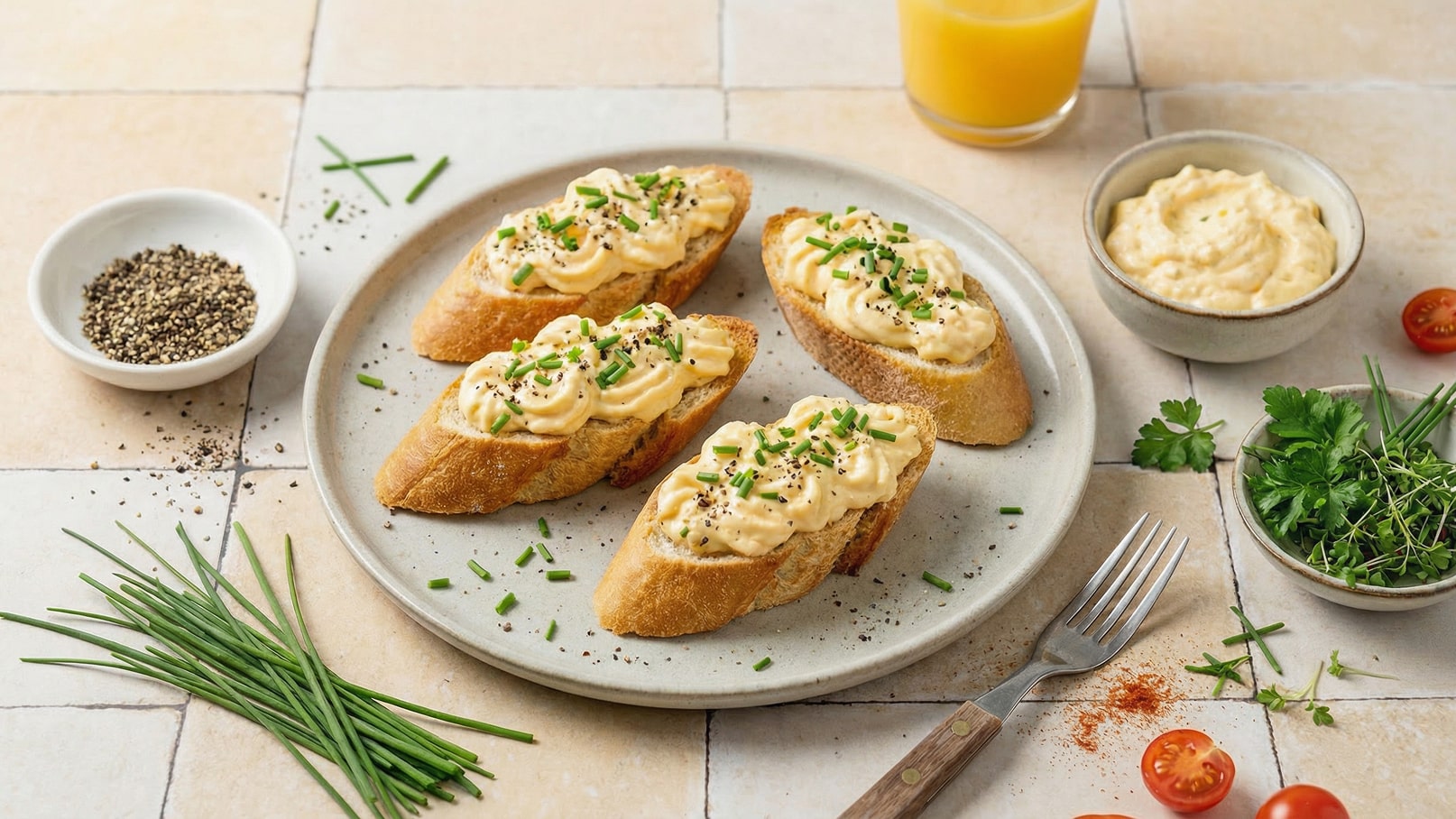 Auf einem Teller liegen drei mit Creme gefüllte Baguettescheiben, garniert mit frischem Schnittlauch. Neben dem Teller befindet sich eine kleine Schüssel mit cremefarbener Pasta und ein Glas Orangensaft. Gewürze und frische Kräuter sind ebenfalls sichtbar.