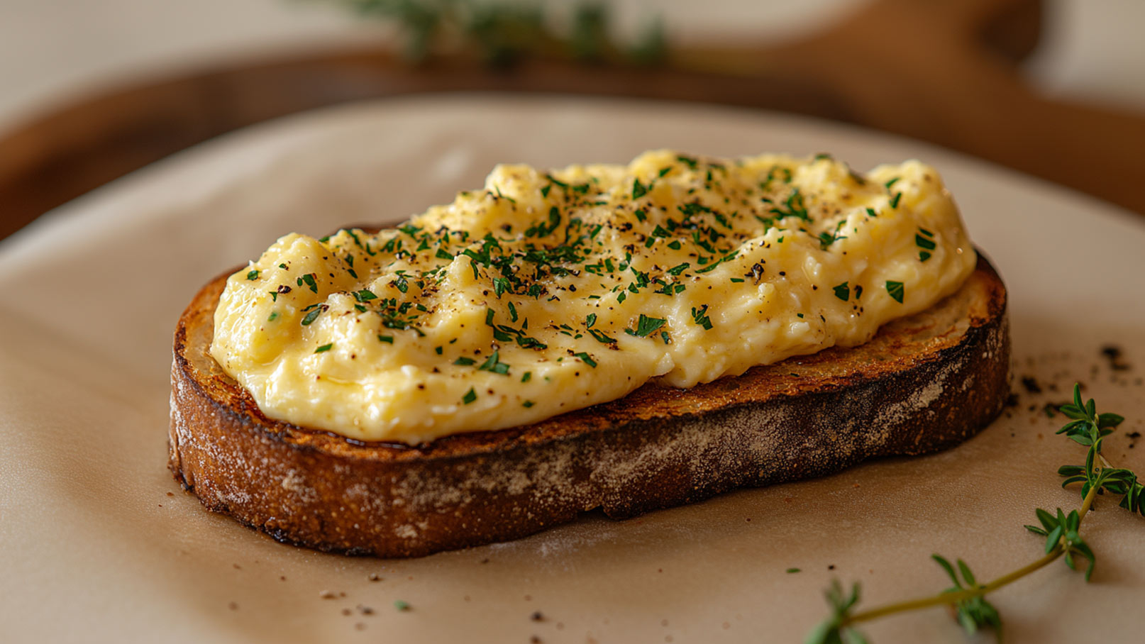 Ein geröstetes Stück Brot, belegt mit einer cremigen Mischung aus Rührei und Kräutern. Die Oberfläche ist gleichmäßig verteilt und mit frischem grünem Schnittlauch bestreut. Im Hintergrund sind ein paar Kräuter sichtbar, die die Präsentation unterstützen.