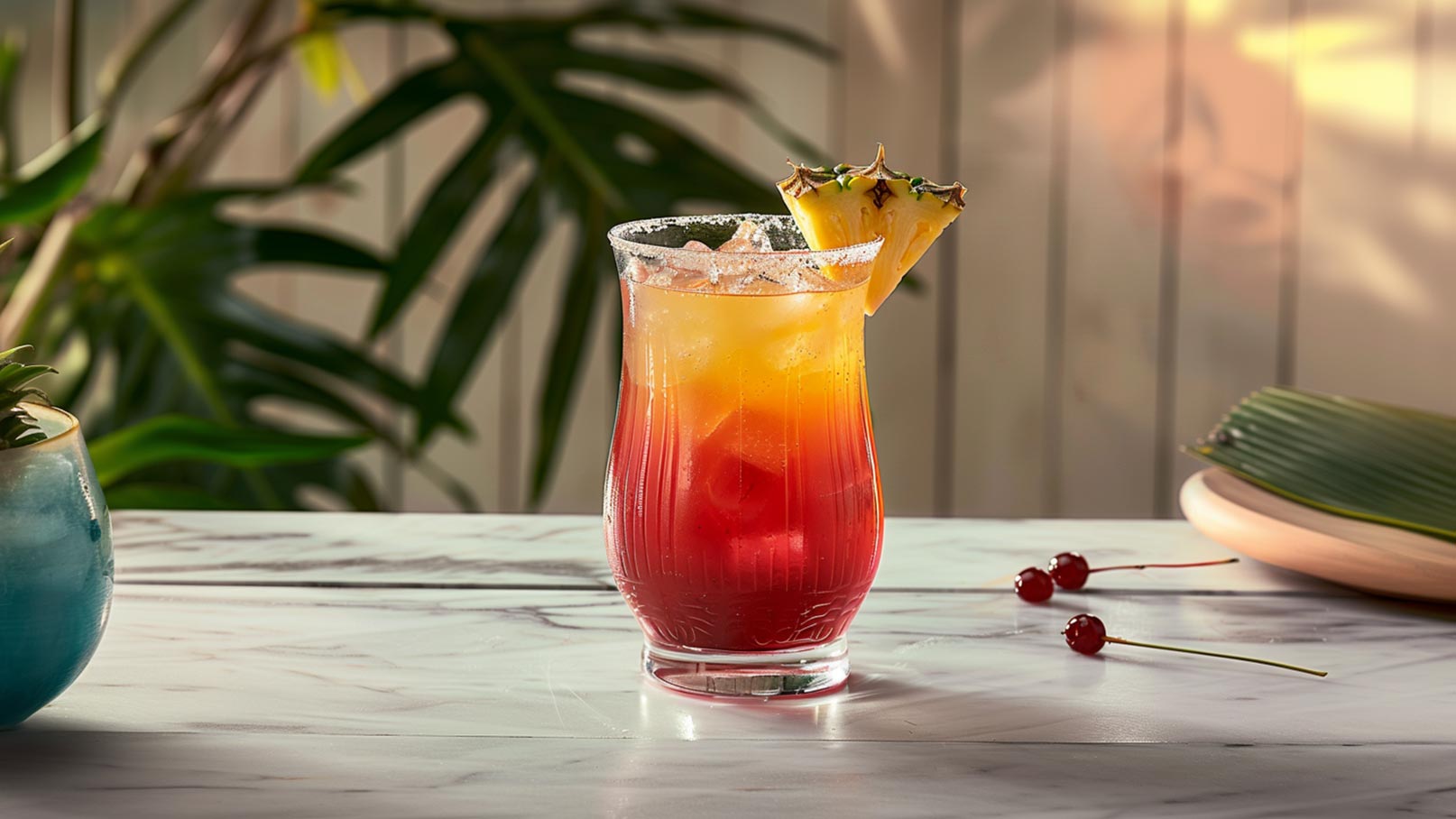 Ein bunter Cocktail in einem hohen Glas präsentiert sich mit einer Mischung aus orangefarbenen und roten Schichten. Er ist mit Eiswürfeln gefüllt und mit einer Ananasscheibe dekoriert. Der Hintergrund zeigt eine helle, entspannte Umgebung mit Pflanzen.