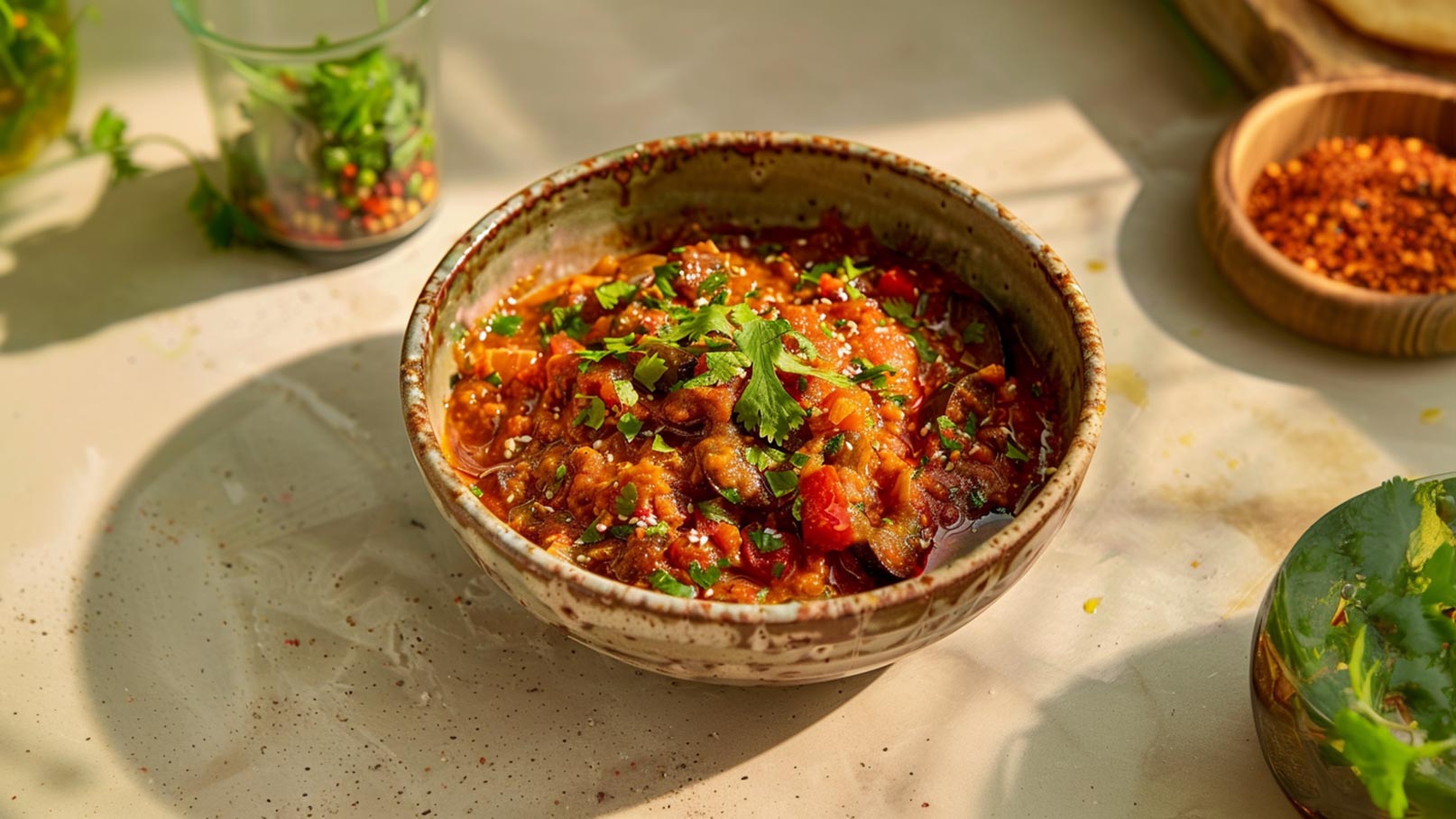 Eine Schüssel mit würzigem Eintopf, garniert mit frischem Koriander und buntem Gemüse. Die Dish präsentiert sich in einem rustikalen Keramikgefäß vor einer neutralen Oberfläche. Im Hintergrund sind Zutaten wie frische Kräuter und Gewürze sichtbar.