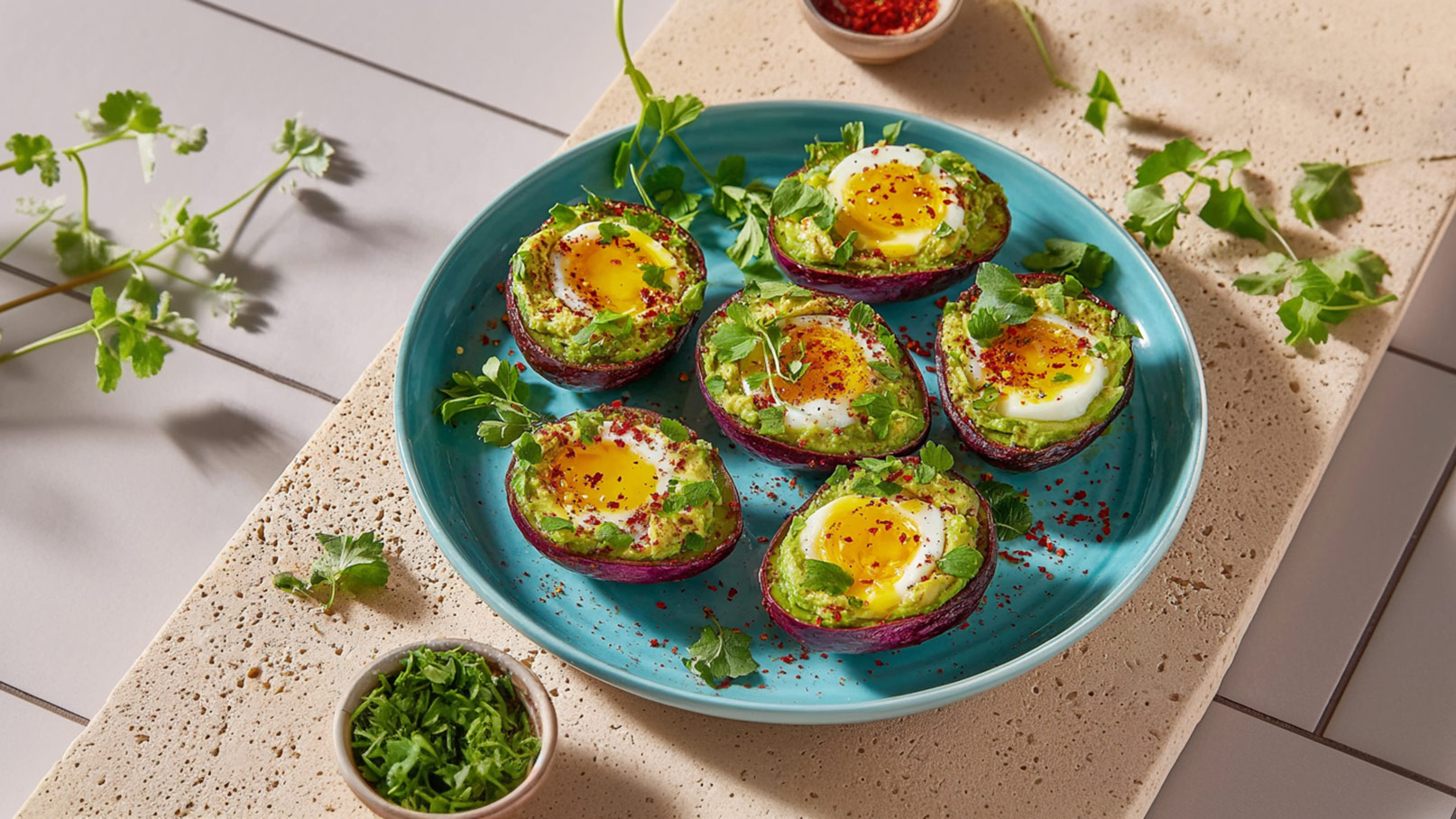Ein aqua-blauer Teller mit sechs Avocadohälften, gefüllt mit grünem Avocado-Mousse und einem weichgekochten Ei. Die Eier sind mit roten Gewürzen und frischen Kräutern garniert. Neben dem Teller steht eine kleine Schale mit gehackten Kräutern.