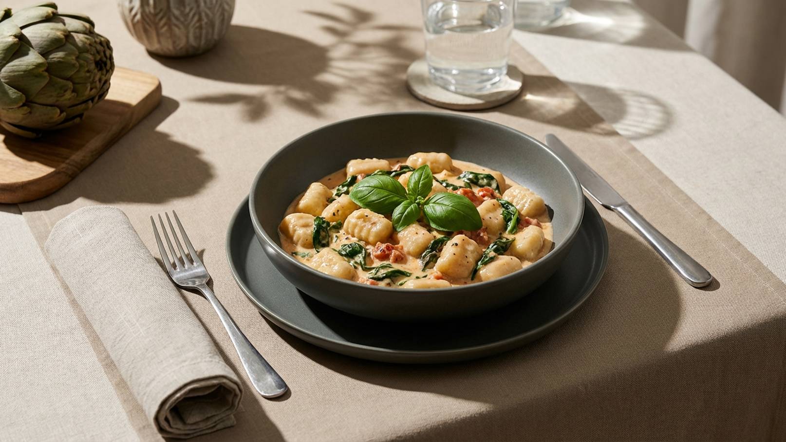 Ein Teller mit Gnocchi in einer cremigen Sauce, garniert mit frischem Basilikum, steht auf einem gedeckten Tisch. Daneben liegen Besteck und eine Serviette. Im Hintergrund sind ein Glas Wasser und eine Artischocke sichtbar.