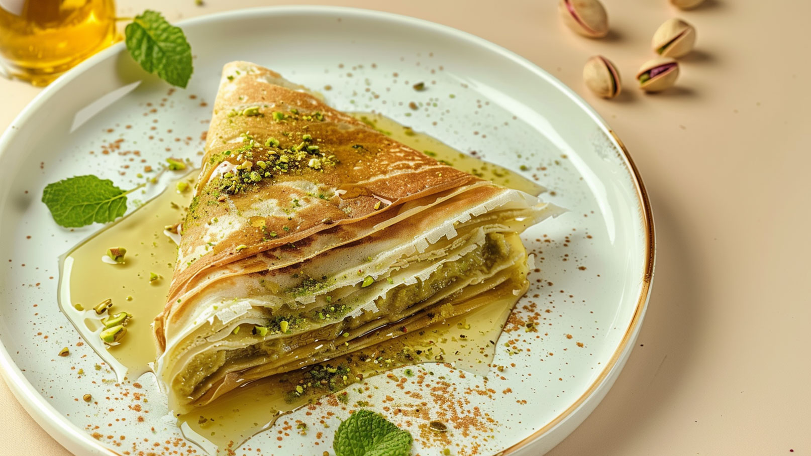 Ein Teller mit mehreren übereinander liegenden, gefüllten Crêpes, dekoriert mit gehackten Nüssen und Puderzucker. Die Crêpes sind goldbraun gebräunt und enthalten eine süße Füllung, die teilweise sichtbar ist. Im Hintergrund sind unscharfe Deko-Elemente zu sehen.