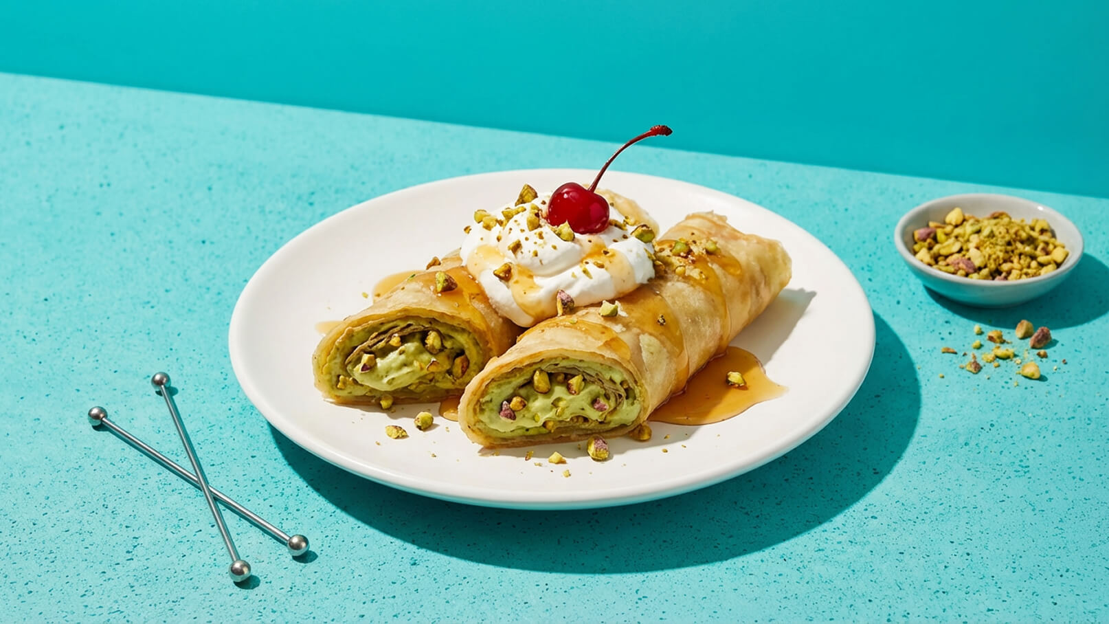 Ein Teller mit zwei gefüllten, knusprigen Teigrollen, die mit einer grünen Füllung und gehackten Pistazien gefüllt sind. Obenauf befindet sich ein Klecks Sahne mit einer Kirsche und einem lecker aussehenden Sirup. Daneben eine kleine Schüssel mit weiteren gehackten Pistazien.