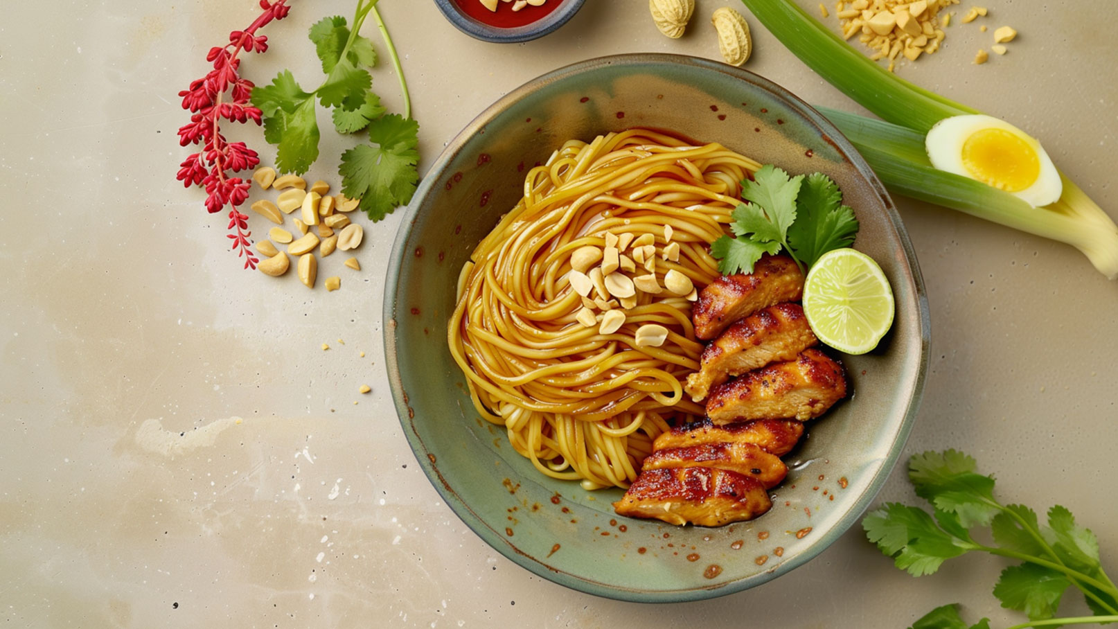Eine Schüssel mit gebratenen Nudeln, garniert mit Erdnüssen und frischem Koriander. Daneben liegen gegrillte Hähnchenstücke und eine Limettenscheibe. Grünzwiebeln und weitere Kräuter ergänzen das Gericht. Der Hintergrund ist hell und schlicht.
