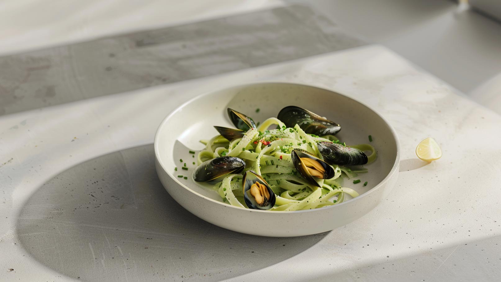 Ein weißer Teller mit grünen Tagliatelle, garniert mit frischen Muscheln und Schnittlauch. Ein Stück Zitrone liegt neben dem Teller. Die Pasta sieht cremig aus und ist mit einer feinen Gewürzmischung bestreut.