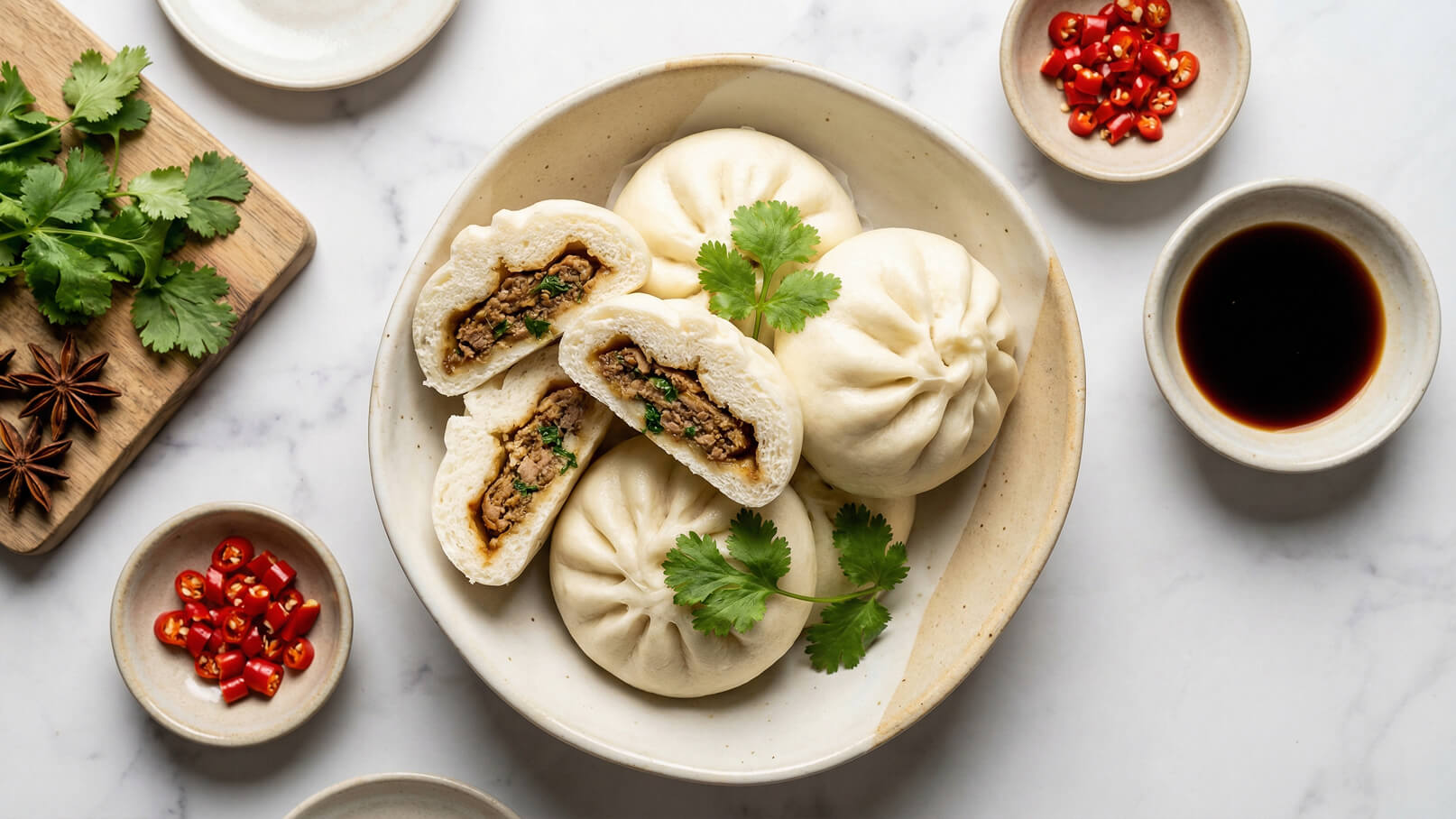 Ein flacher Teller mit gedämpften Teigtaschen, gefüllt mit Fleisch und frischem Koriander. Einige Teigtaschen sind halbiert, um die Füllung zu zeigen. Um den Teller herum liegen rote Chilis, eine kleine Schüssel Sojasauce und frische Korianderblätter.