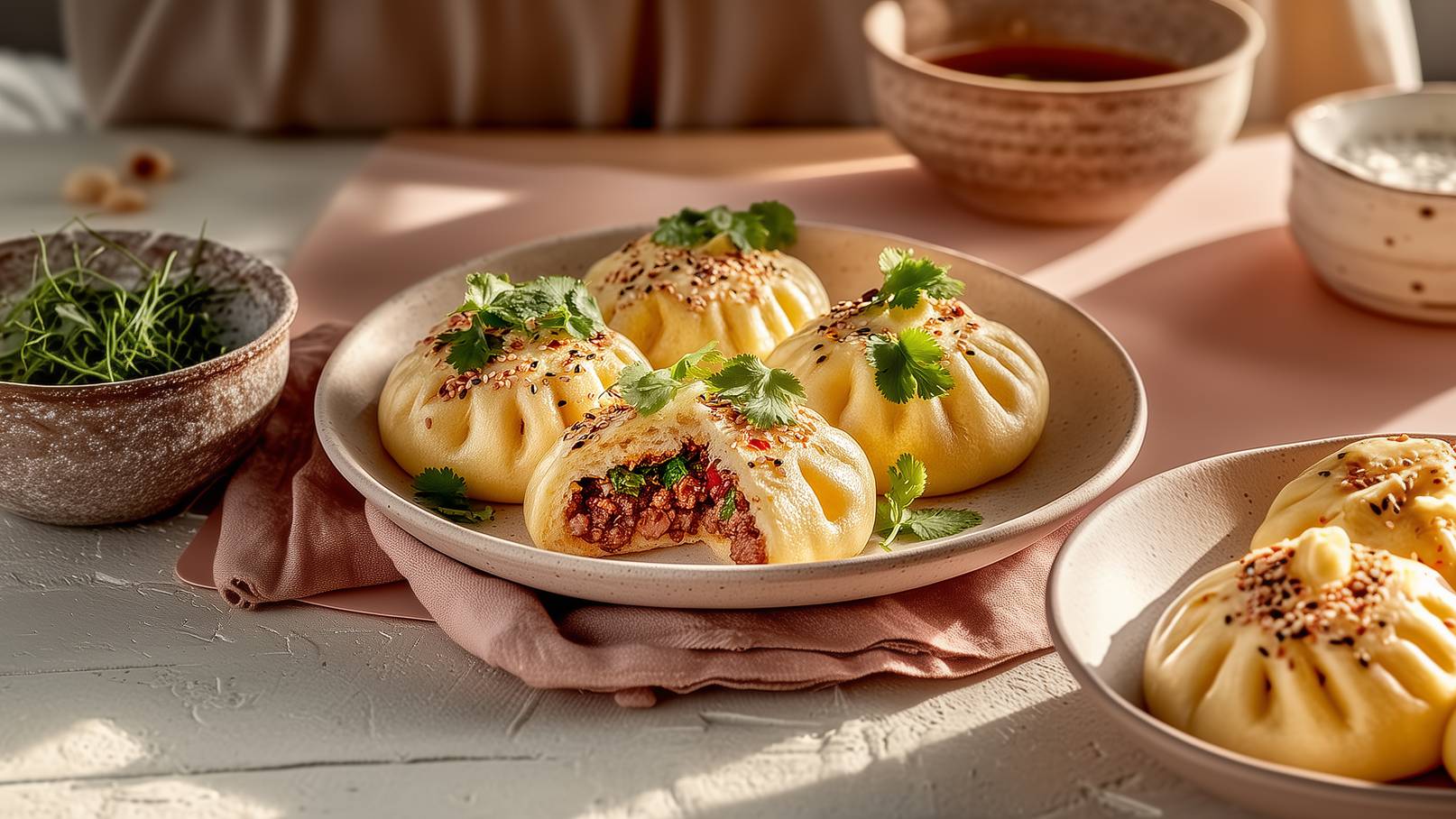 Ein Teller mit Dampfbrötchen, die mit frischem Koriander garniert sind. Die Brötchen sind rund und haben eine feine Verzierung oben. Im Hintergrund sind weitere gewürzte Zutaten und Grünpflanzen sichtbar. Der Teller ist auf einem Holzbrett platziert.