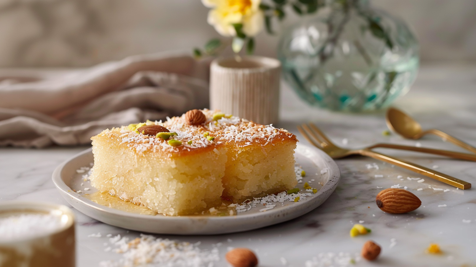 Auf einem Teller liegen zwei Stücke eines saftigen, mit Kokosraspeln und gehackten Nüssen garnierten Kuchens. Der Kuchen hat eine goldene Oberseite und ist auf einem hellen Marmoruntergrund platziert, ergänzt durch eine dekorative Vase im Hintergrund.