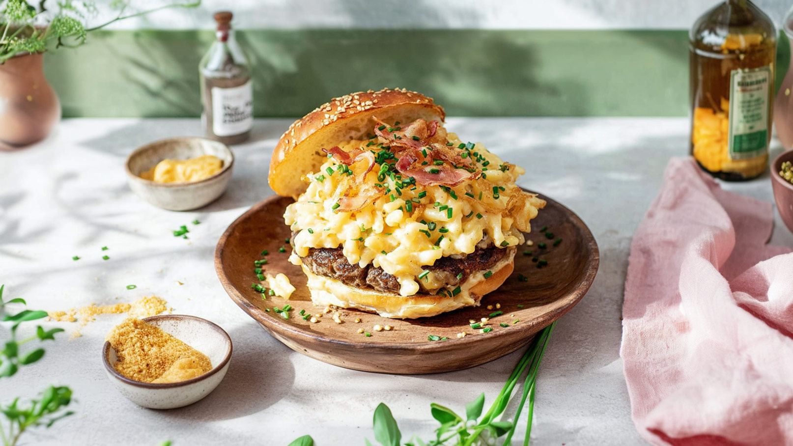 Ein saftiger Hamburger auf einem Holzbrett, gefüllt mit einer cremigen Käsesauce und garniert mit knusprigem Bacon und Schnittlauch. Der Brötchen ist mit Sesam bestreut und der Teller liegt auf einer hellen, neutralen Oberfläche.