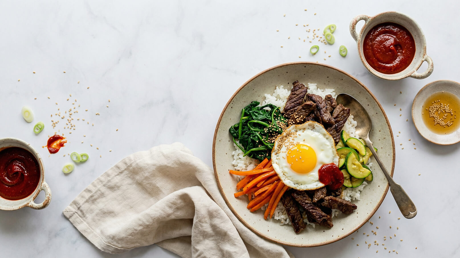 Ein Teller mit Reis, belegt mit gegrilltem Rindfleisch, gebratenem Ei, Karottenstreifen, Spinat und Zucchini. Sesamkörner sind darüber gestreut. Daneben befinden sich kleine Schalen mit Chilisauce und einer süßen Sauce. Ein beigefarbenes Tuch liegt am Rand.