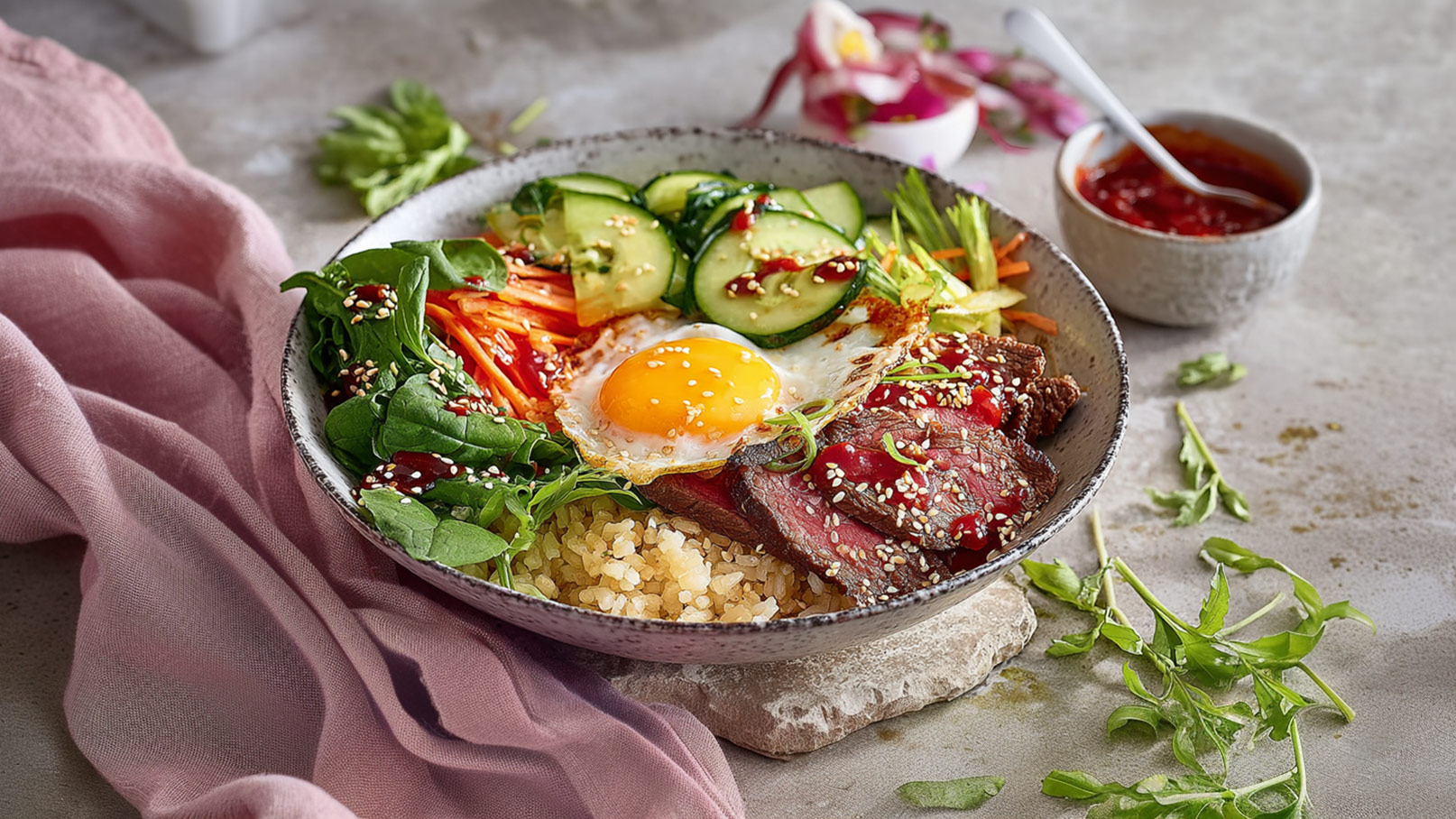Eine Schüssel mit buntem Essen: Reis mit Spinat, Karotten, Gurken, und zartem Fleisch. Ein Spiegelei mit flüssigem Eigelb liegt atop, garniert mit Sesamsamen. Im Hintergrund ist eine kleine Schüssel mit roter Soße zu sehen.
