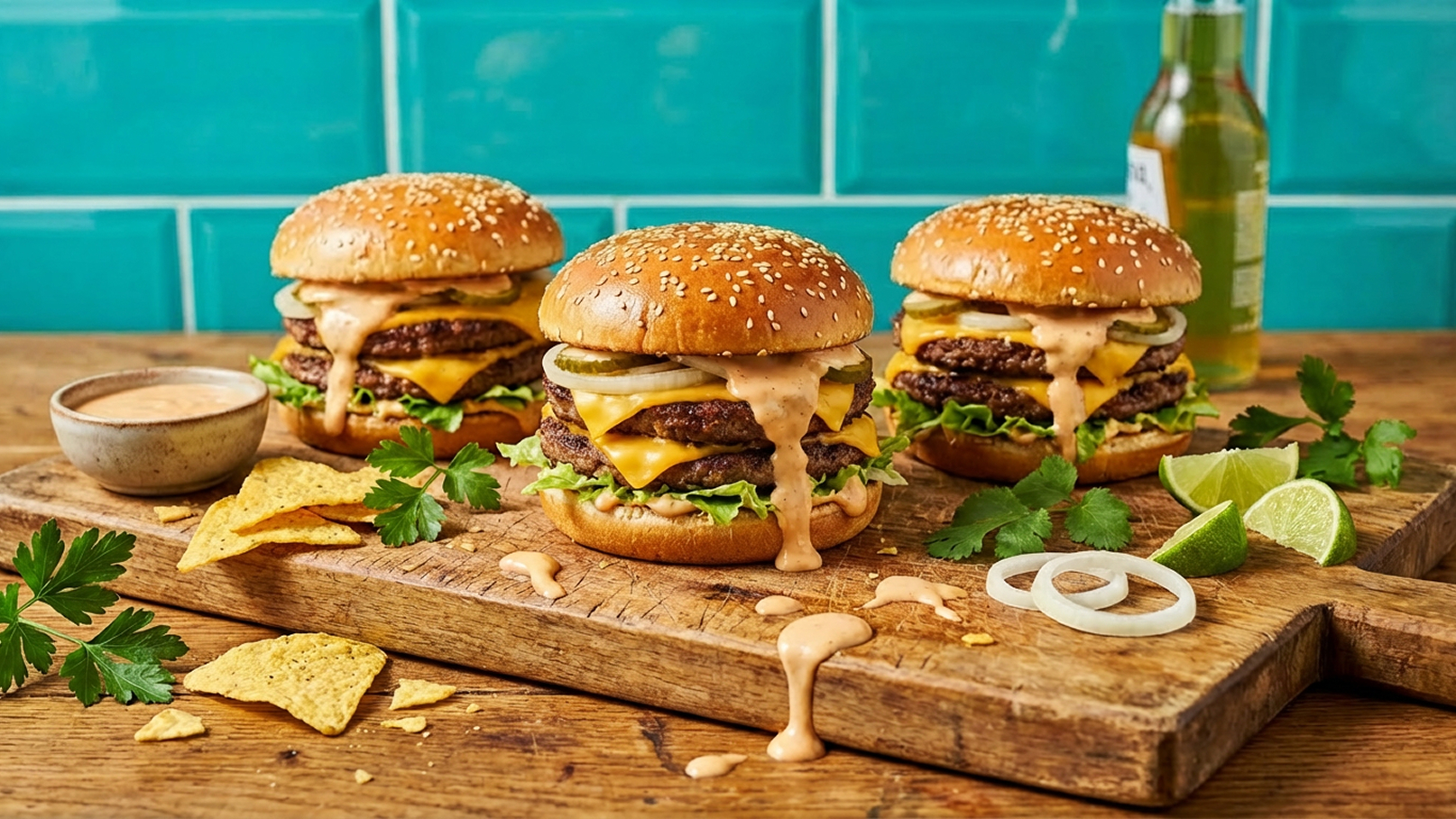 Drei saftige Burger mit Sesambrötchen sind auf einem Holztisch angerichtet. Jeder Burger ist mit zwei Rindfleisch-Patties, Käse, Zwiebeln und Salat gefüllt. Soße läuft über die Seite. Dazu liegen Nachos und Limettenschnitze auf dem Tisch.