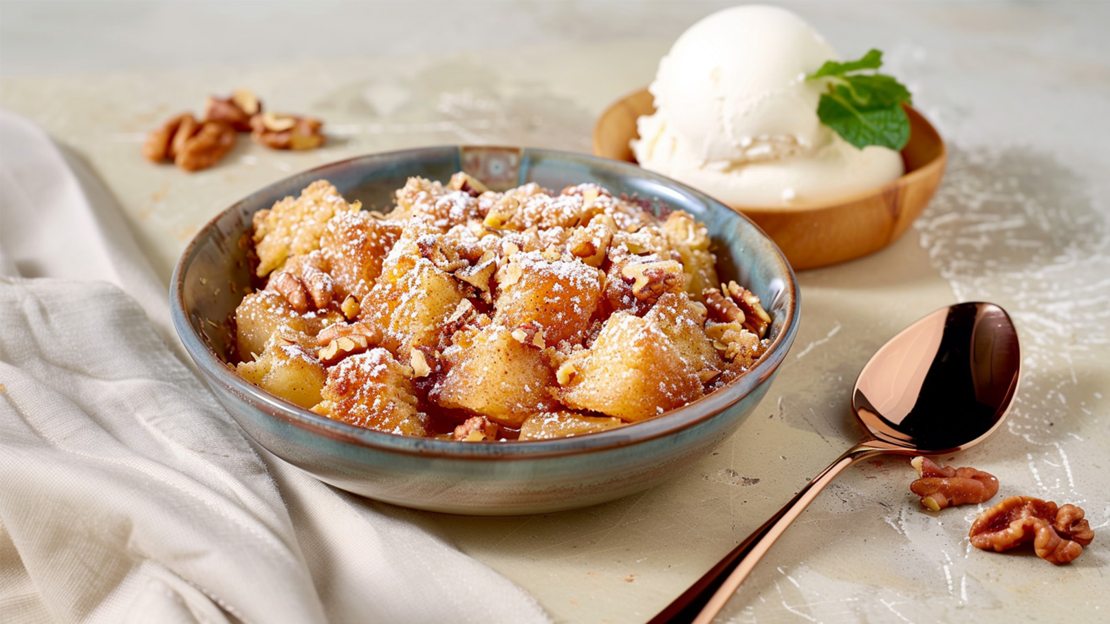 Eine Schüssel mit warmem Apfel-Dessert, überzogen mit Puderzucker und garniert mit gehackten Walnüssen. Neben der Schüssel befindet sich eine Portion Vanilleeis in einer Holzschale. Ein Löffel aus roségoldfarbenem Metall liegt auf der Fläche.