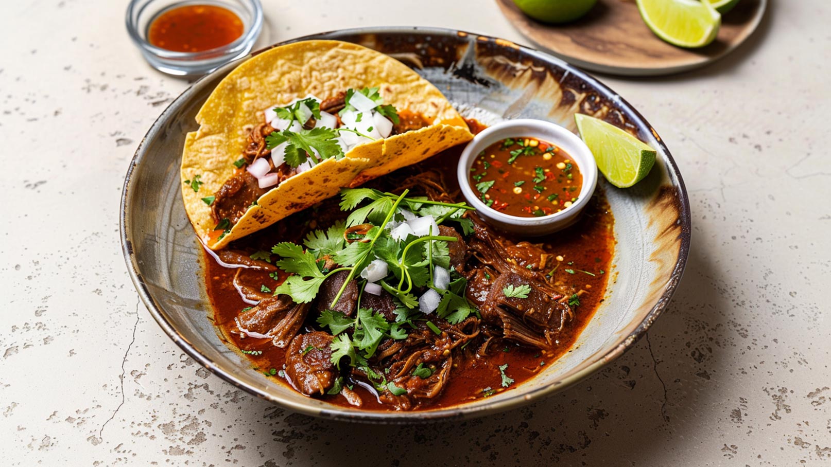 Eine Schale mit herzhaftem Fleisch in einer roten Sauce, garniert mit frischem Koriander und Zwiebeln. Daneben liegt ein Taco und eine kleine Schüssel mit scharfer Sauce. Limettenstücke sind ebenfalls auf dem Teller zu sehen.
