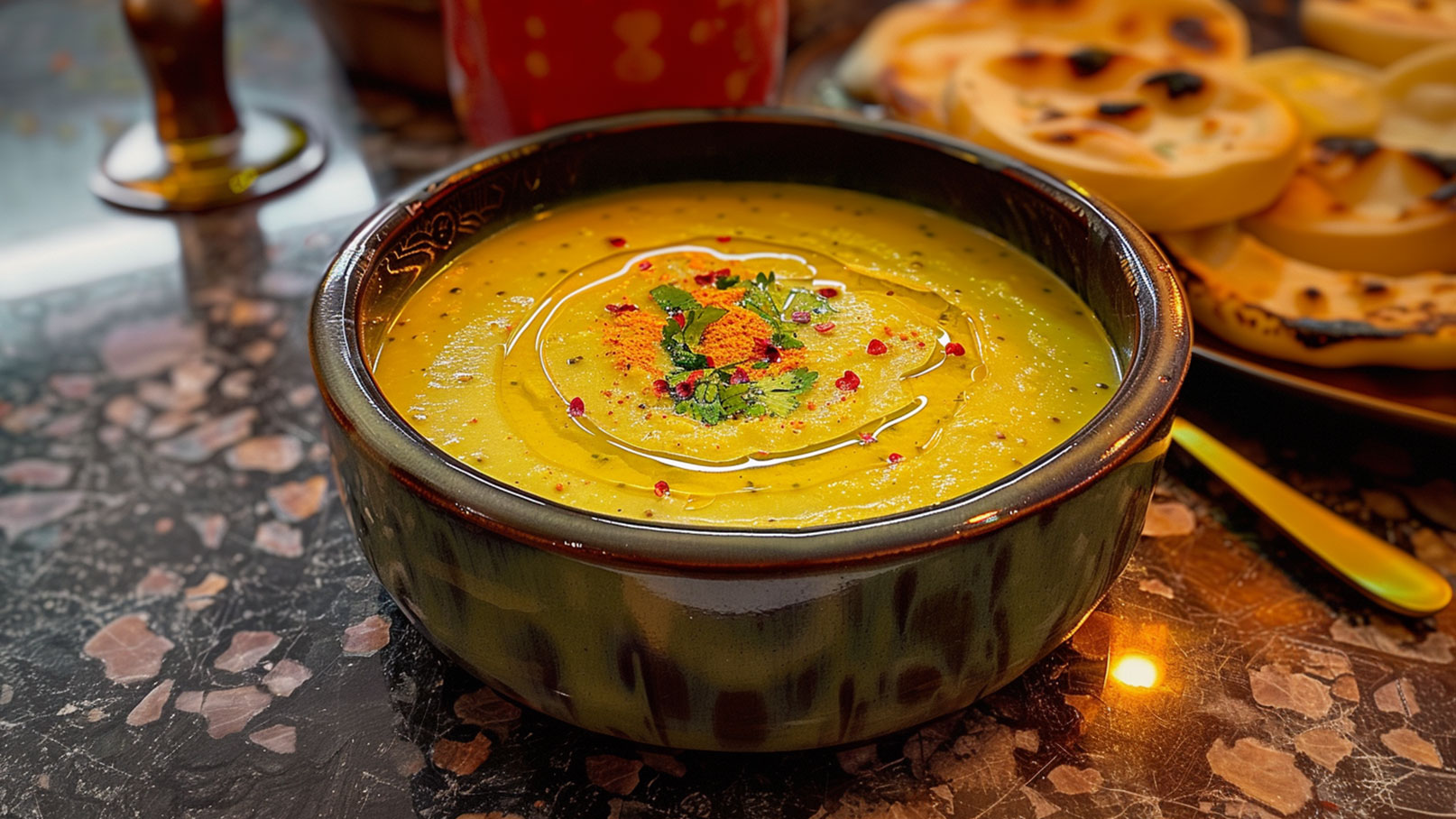 Eine grüne, cremige Suppe in einer dekorativen Schüssel, garniert mit frischen Kräutern, Gewürzen und einem Spritzer Öl. Im Hintergrund sind gegrillte Fladenbrote auf einem Teller sichtbar.