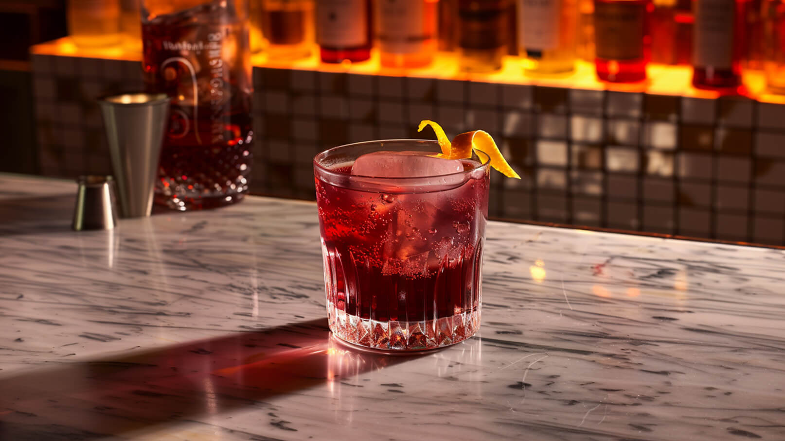 Ein Glas mit einem roten Cocktail steht auf einem marmorierten Tisch. Der Drink ist mit Eiswürfeln gefüllt und mit einer Spirale aus Zitronenschale garniert. Im Hintergrund sind verschwommene Flaschen und eine sanfte Beleuchtung zu sehen.