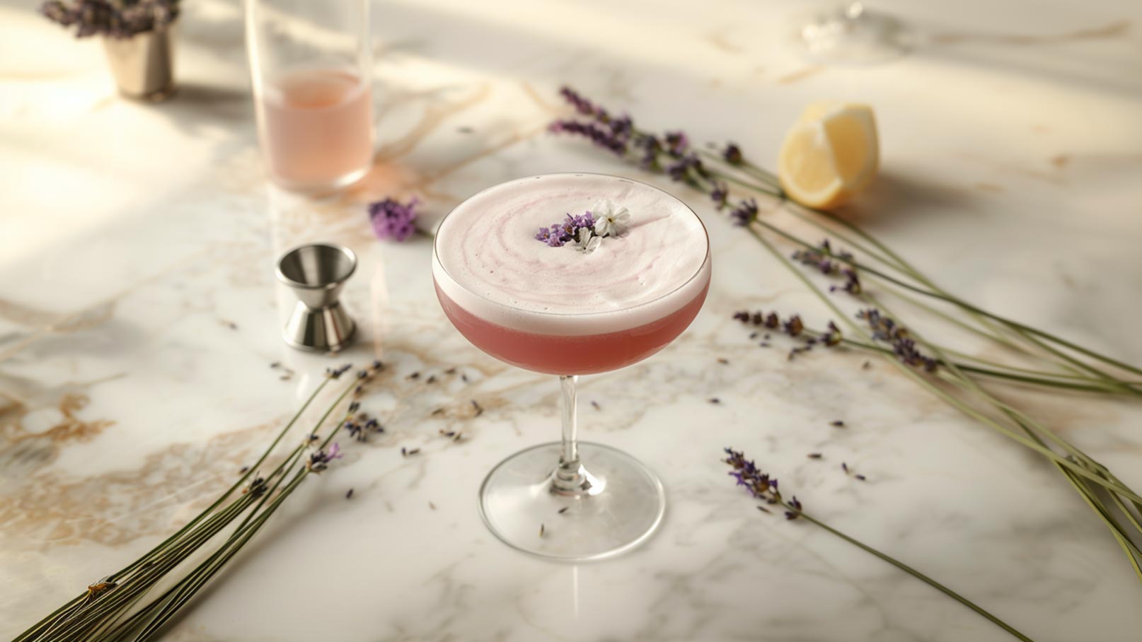 Ein Glas mit einem blassrosafarbigen Cocktail steht auf einer marmorierten Oberfläche. Der Cocktail ist mit einer schaumigen Oberseite versehen und mit kleinen Lavendelblüten dekoriert. Um das Glas liegen frische Lavendelstängel und eine halbierte Zitrone. Im Hintergrund ist ein Behälter mit einer weiteren Flüssigkeit zu sehen.