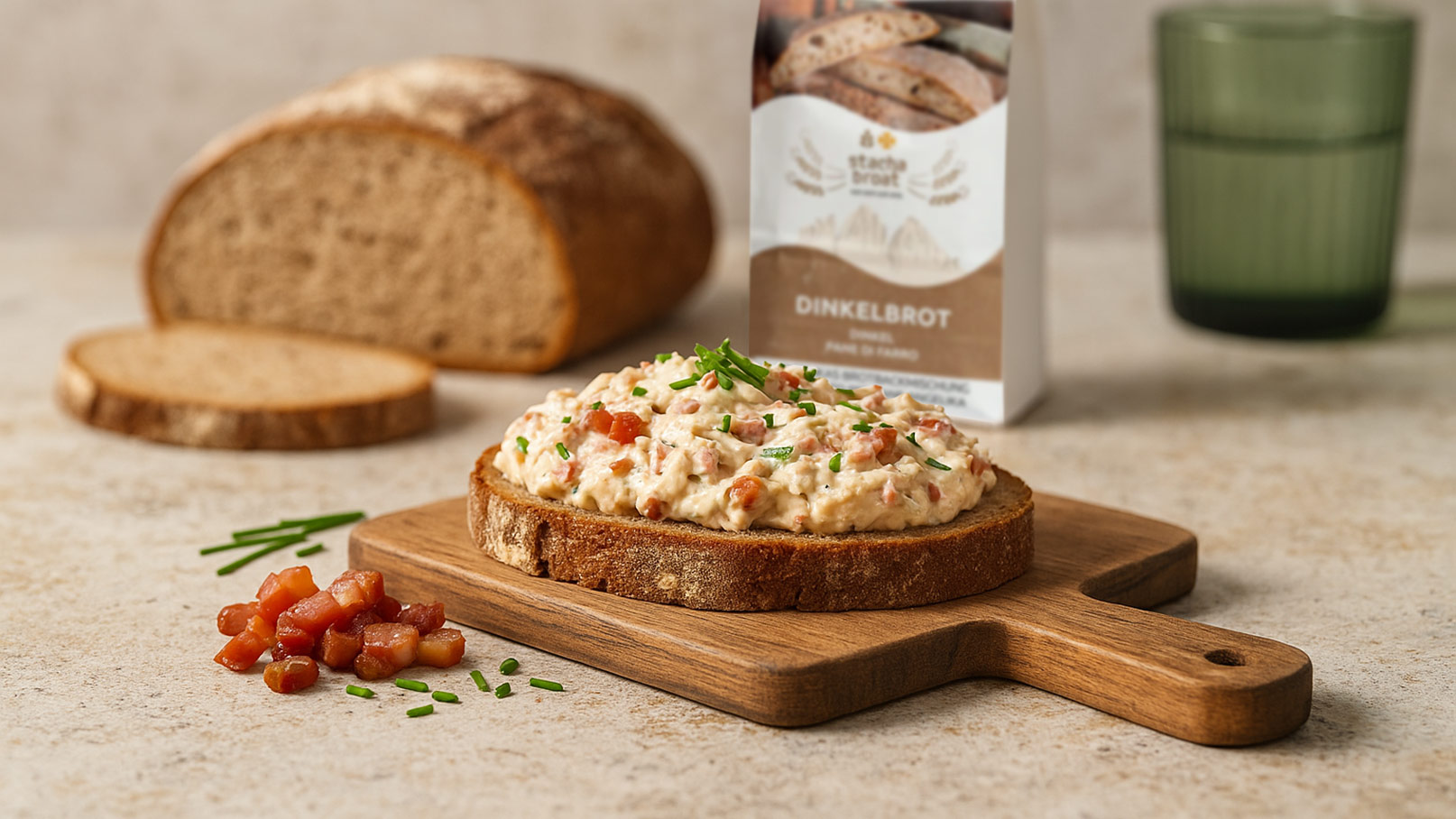 Auf einem Holzbrett liegt eine Scheibe Dinkelbrot, belegt mit einer cremigen Mischung aus Schinken und Kräutern. Daneben sind einige kleine Würfel von Schinken und frischer Schnittlauch sichtbar. Im Hintergrund ist ein ganzes Laib Dinkelbrot und eine Verpackung zu sehen.