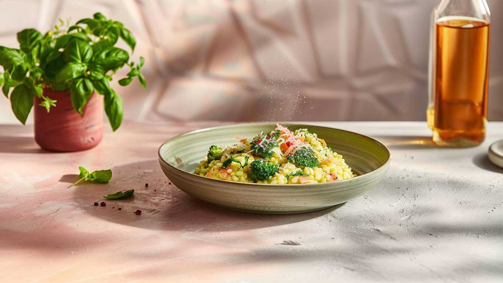 Eine weiße Schale mit cremigem Risotto, das mit grünen Brokkoliröschen garniert ist. Neben der Schale liegt ein Löffel. Die Oberfläche des Risottos ist leicht glänzend und zeigt die Kombination aus Reis und Brokkoli.