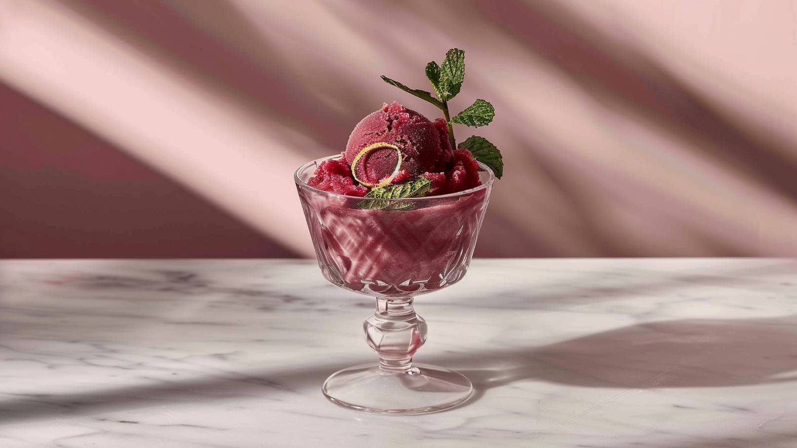 Ein Glas mit rotem Sorbet, das auf einem Tisch steht. Das Sorbet wird von einem Minzblatt und einer Zitronenscheibe dekoriert. Der Hintergrund ist hell und sanft, was eine einladende Atmosphäre schafft.