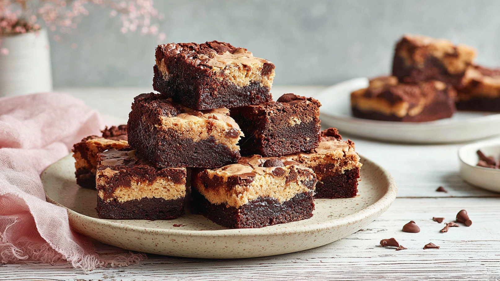 Ein Teller mit mehreren gestapelten Brownies, die eine schokoladige und cremige Schicht haben. Die Oberfläche der Brownies ist mit Schokoladenstückchen dekoriert. Im Hintergrund sind weitere Brownies und eine kleine Schüssel mit Schokoladenstückchen sichtbar.