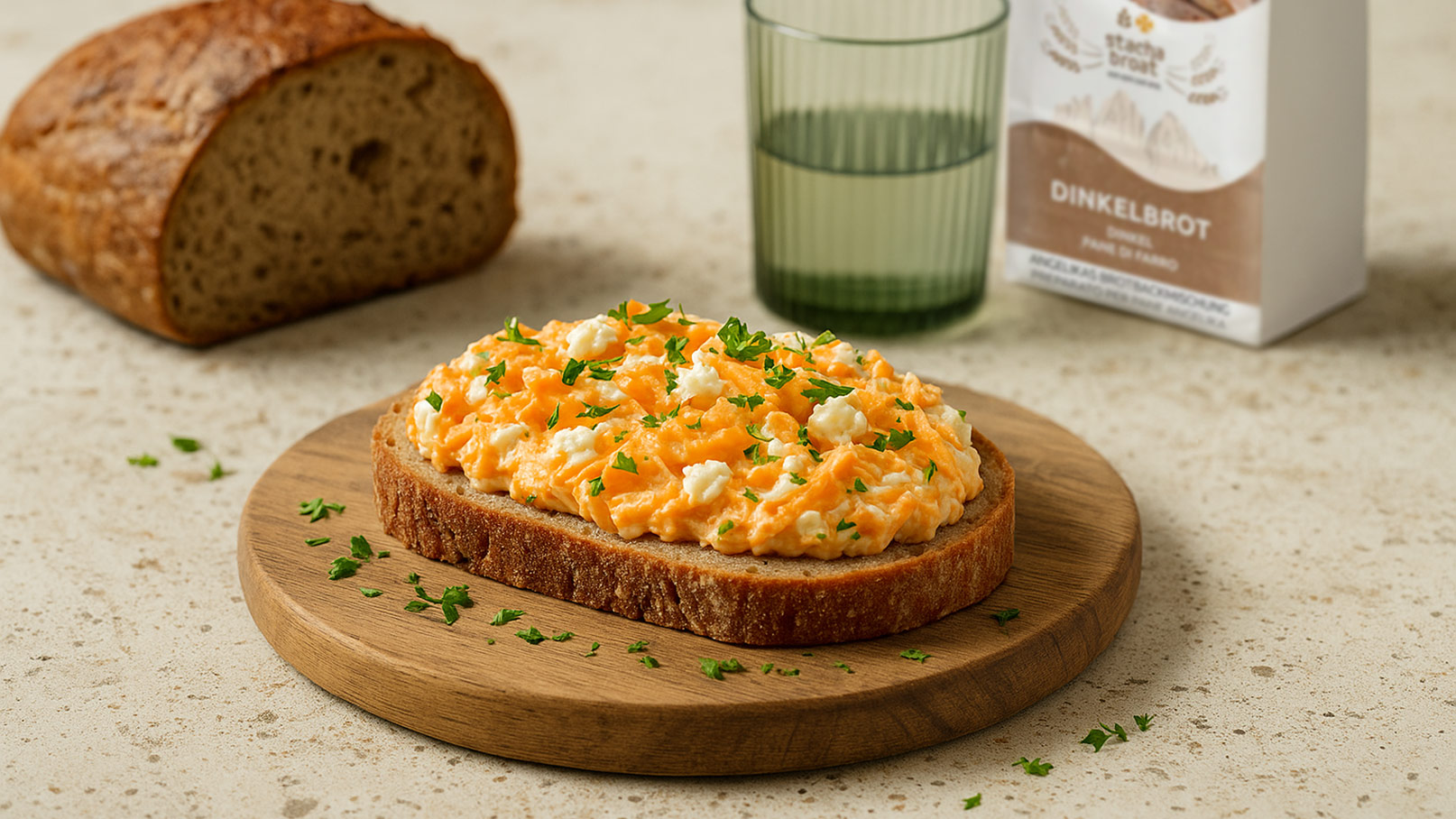 Ein Schmierbrot aus Dinkelbrot, belegt mit einer cremigen Mischung aus Käse und Kräutern, liegt auf einem Holzbrett. Daneben steht ein Glas Wasser und im Hintergrund ist eine Verpackung für Dinkelbrot zu sehen.