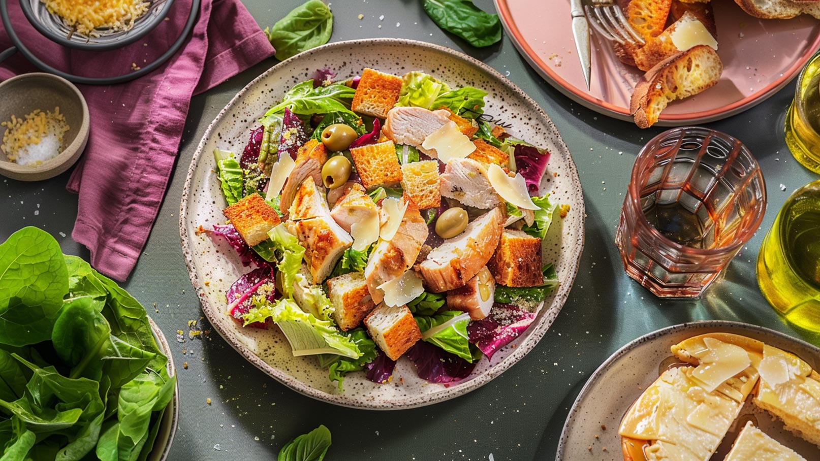 Auf dem Bild ist ein frisch zubereiteter Salat mit grünen Blättern, roten Salatstücken, gebratenem Hähnchen und knusprigen Brotwürfeln zu sehen. Darüber liegen einige Oliven und Parmesanraspeln. Der Salat ist auf einem Teller angerichtet, umgeben von weiteren Essensutensilien.