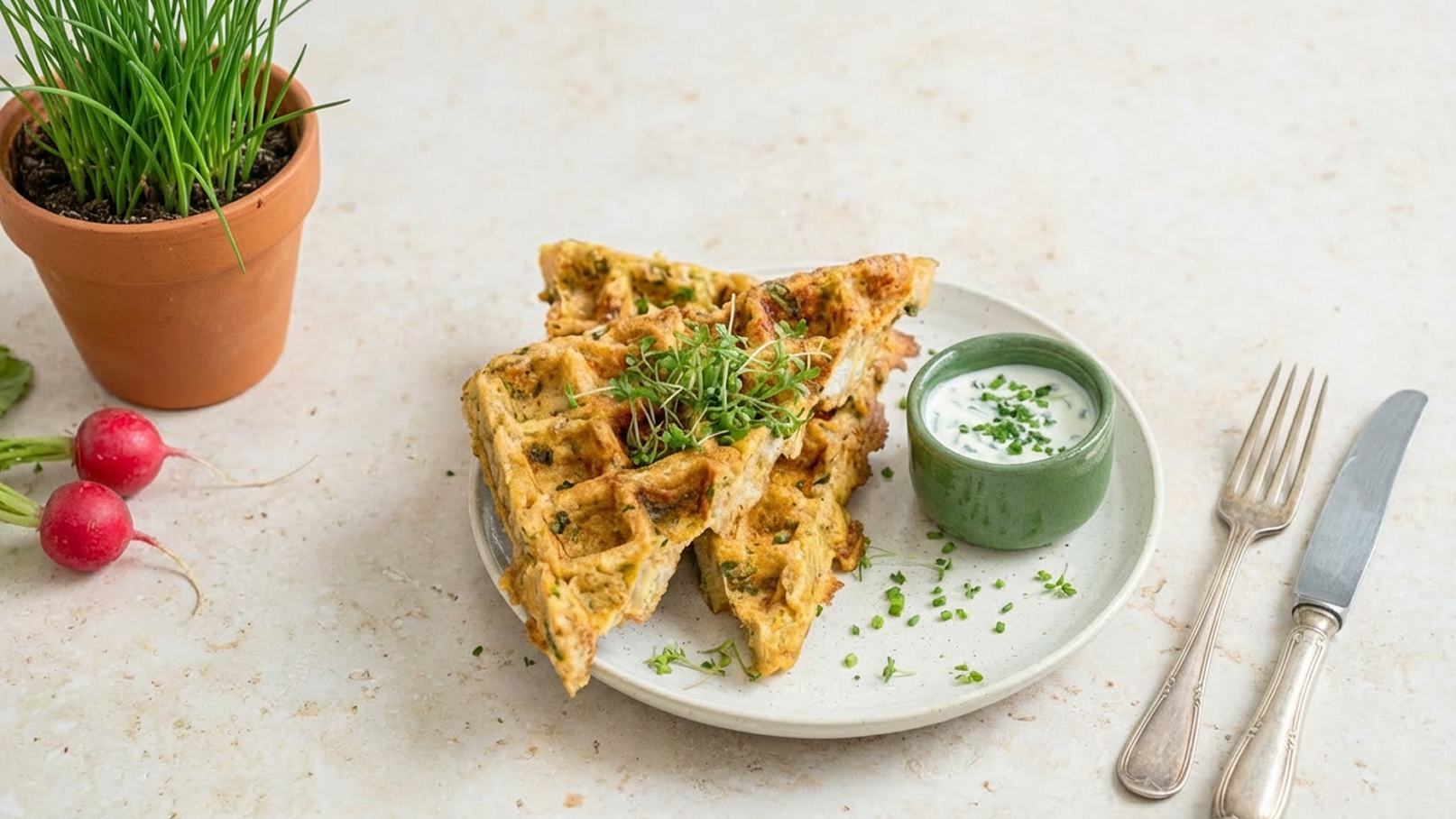 Auf einem Teller liegen drei viereckige Waffeln, garniert mit frischen Kräutern. Neben dem Teller befindet sich ein kleiner grüner Dip und eine Gabel sowie ein Messer. Im Hintergrund steht ein Topf mit frischem Schnittlauch und einige Radieschen sind sichtbar.