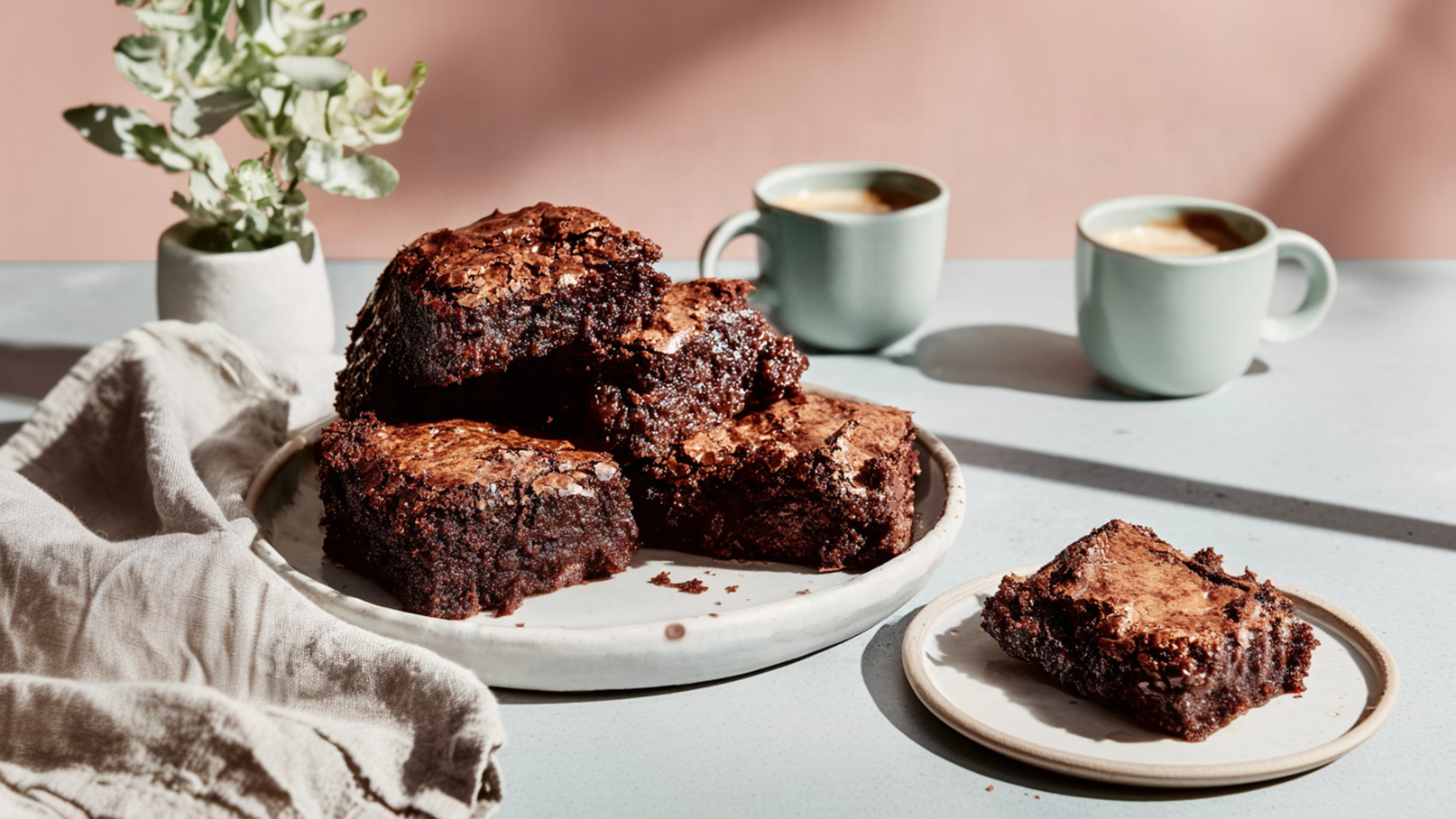 Ein Teller mit mehreren schokoladigen Brownies steht auf einem Tisch. Ein Einzelstück ist auf einem kleinen Teller daneben platziert. Im Hintergrund sind zwei hellblaue Tassen mit Kaffee und eine kleine Pflanze in einem Topf zu sehen.
