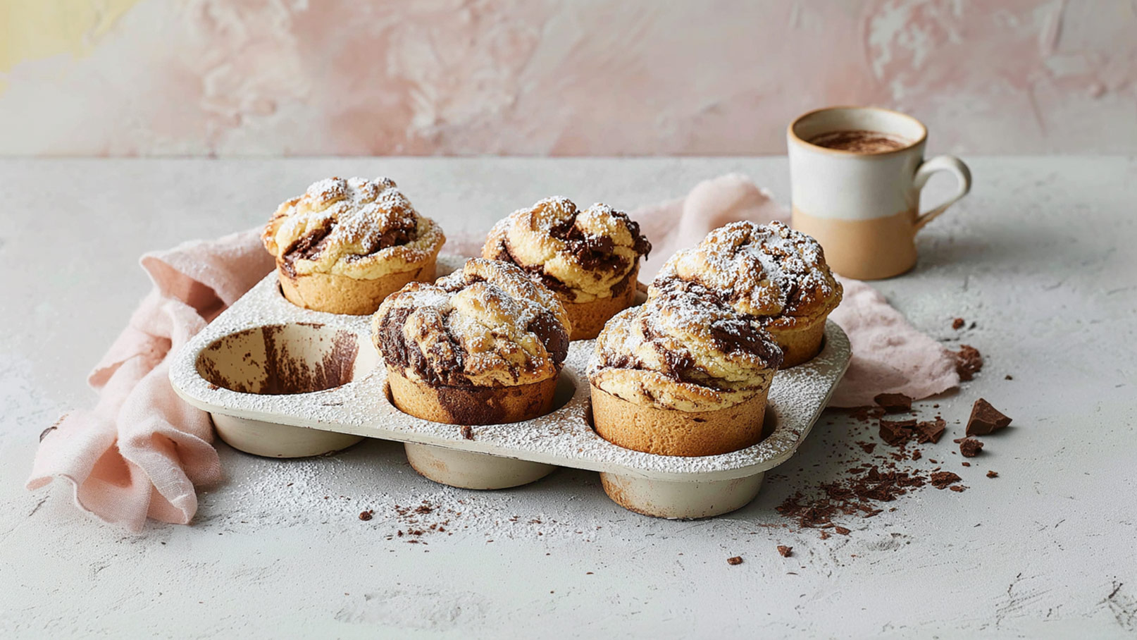 Ein Muffinblech mit sechs frisch gebackenen, schokoladenmarmorierten Muffins, bestäubt mit Puderzucker. Neben dem Blech steht eine Tasse mit heißem Getränk. Der Hintergrund ist hell und sanft dekoriert.