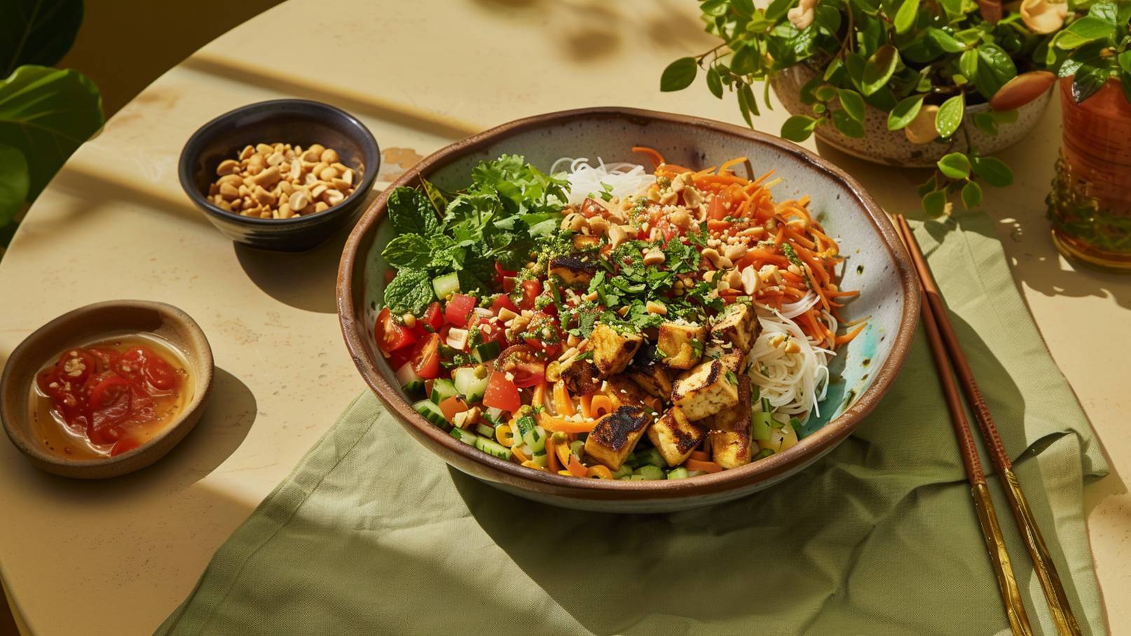 Eine Schüssel mit Reisnudeln, belegt mit gebratenem Tofu, frischen Kräutern und geschnittenen Tomaten. Daneben liegen Karottenstreifen und weitere Kräuter in Schalen. Das Gericht ist bunt und gesund.