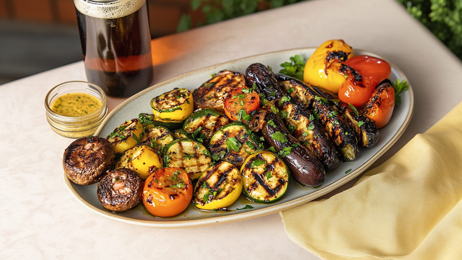 Ein ovaler Teller mit gegrilltem Gemüse, darunter Zucchini, Auberginen, Tomaten und Paprika, garniert mit frischem Koriander. Daneben befindet sich ein kleiner Glasbehälter mit einer würzigen Marinade und ein Glas mit dunklem Bier.