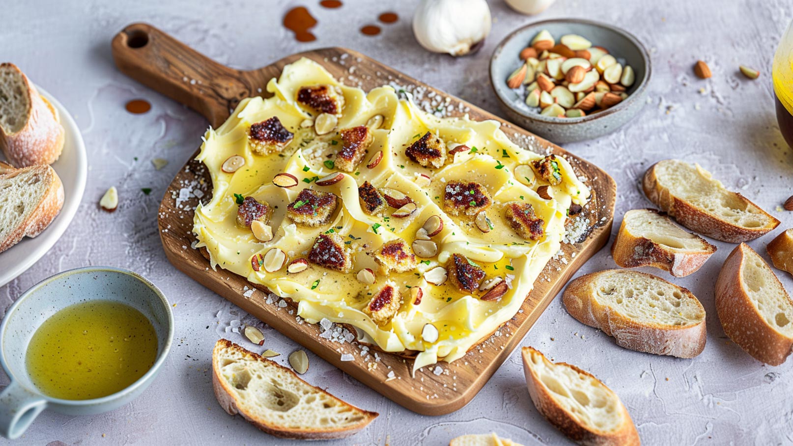 Auf einem Holzbrett liegen frische Pasta mit goldbrauner Butter, dekoriert mit gerösteten Mandeln, Kräutern und einer Prise Salz. Daneben befinden sich Scheiben von knusprigem Brot und eine kleine Schüssel mit grünem Öl. Der Hintergrund ist hell und schlicht.