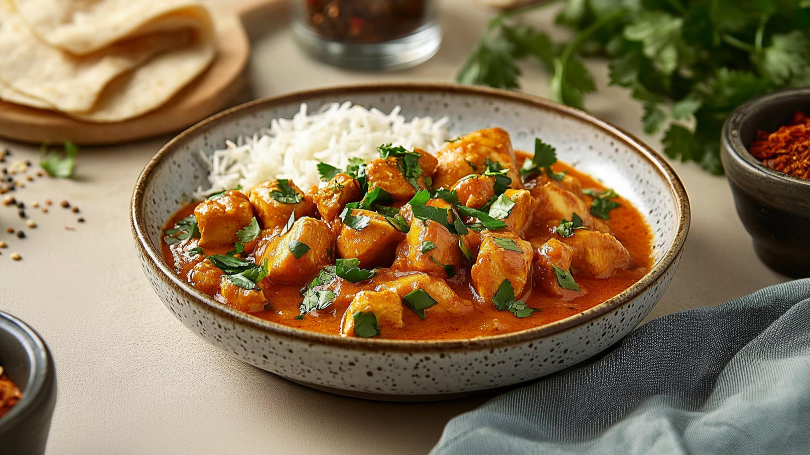 Ein schüsselgefülltes Gericht mit stückchen von Hähnchen in einer cremigen, orangefarbenen Sauce, garniert mit frischem Koriander. Daneben liegt ein Haufen von gekochtem Reis. Im Hintergrund sind zusätzliche Gewürze und Brot zu sehen.