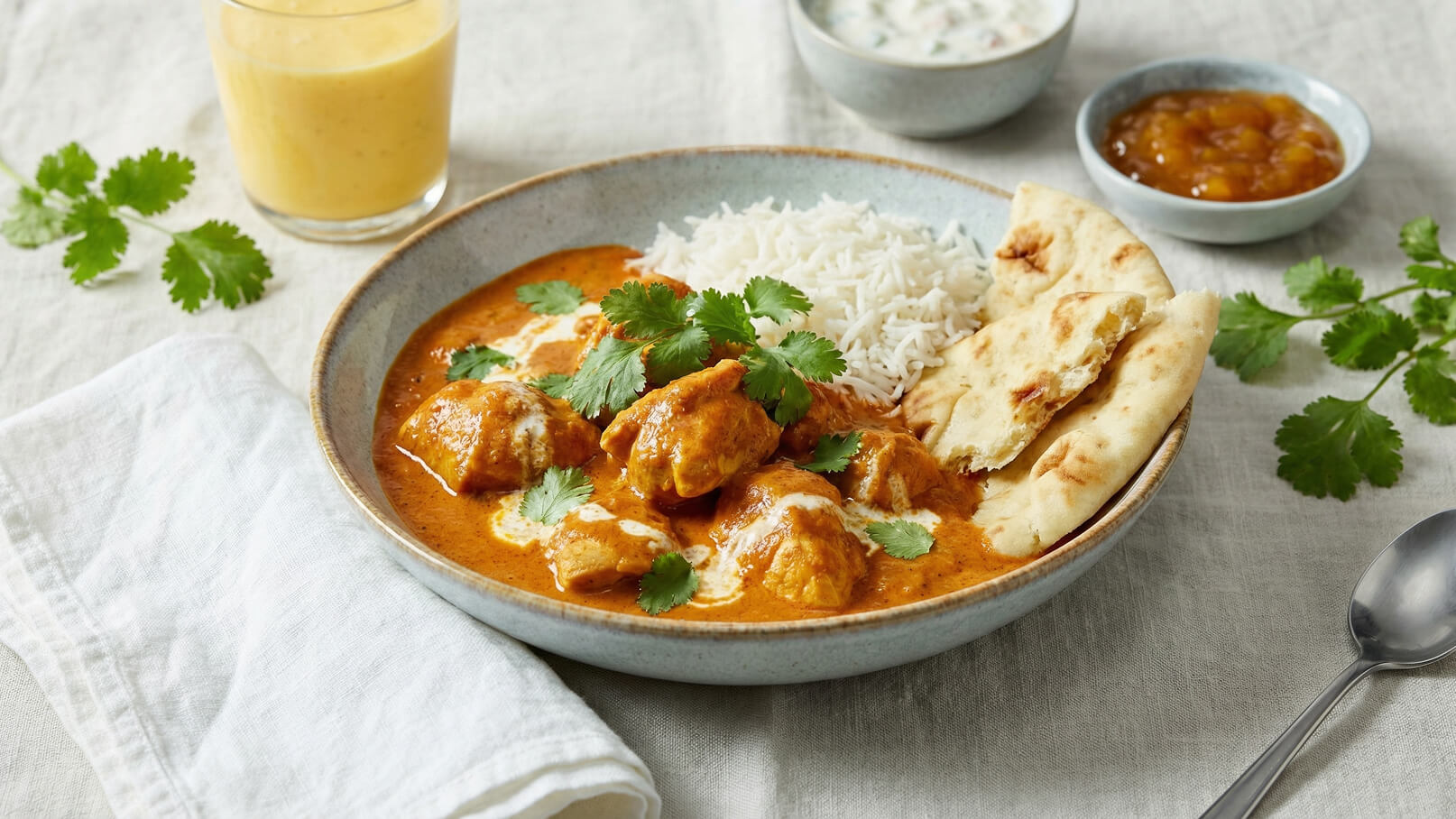 Ein Teller mit appetitlichem Hühner-Curry in einer cremigen Sauce, garniert mit frischem Koriander. Daneben befinden sich basmati Reis und Naan-Brot. Im Hintergrund sind eine Schüssel mit Joghurt und ein Glas Mango-Lassi zu sehen.