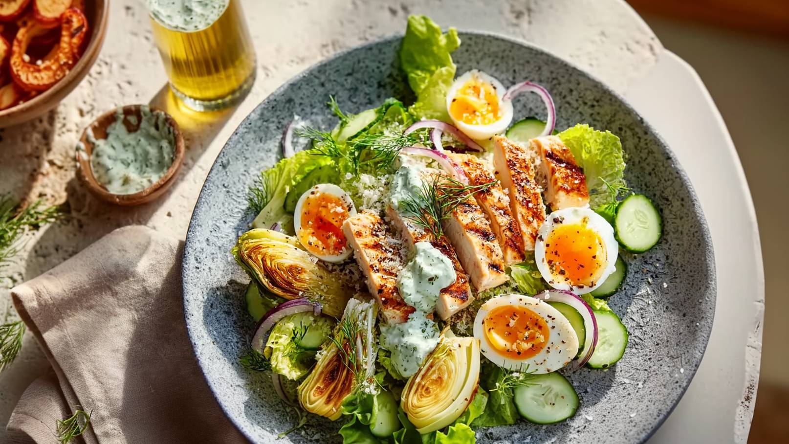 Ein Teller mit frischem Salat, gegrilltem Hähnchen, halbierten gekochten Eiern und Gurkenscheiben. Der Salat ist garniert mit Dill und einer cremigen Sauce. Im Hintergrund sind ein Glas Bier und eine kleine Schüssel mit einer weiteren Sauce zu sehen.