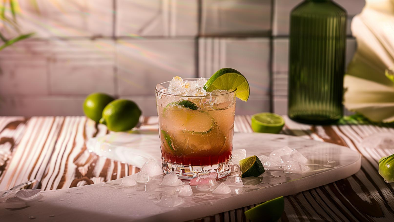 Ein erfrischender Cocktail in einem Glas, gefüllt mit Eis und mit Limettenscheiben garniert. Der Drink hat eine rötliche Schicht am Boden und ist auf einer stilvollen, hellen Oberfläche platziert. Rund um das Glas liegen frische Limetten und Eiswürfel.