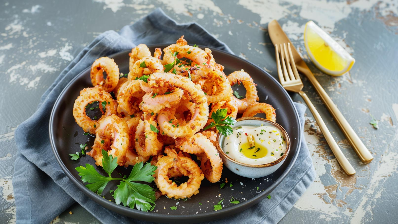 Ein schwarzer Teller ist mit knusprigen, goldbraunen Calamari-Ringen gefüllt, die mit frischen Kräutern garniert sind. Daneben befindet sich eine kleine Schüssel mit einer cremigen Sauce und Olivenöl. Ein Stück Zitrone und Besteck liegen daneben auf einem blauen Tuch.