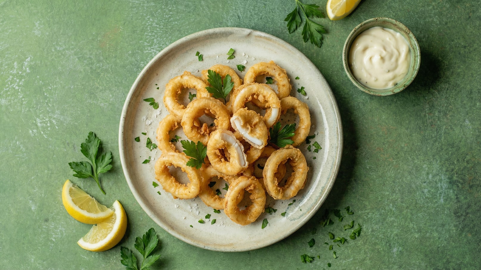 Auf einem Teller liegen knusprige Calamari-Ringe, garniert mit frischer Petersilie. Neben dem Teller befindet sich eine kleine Schüssel mit einer cremigen Dip-Sauce und einige Zitronenscheiben auf der Seite. Der Hintergrund ist grün.