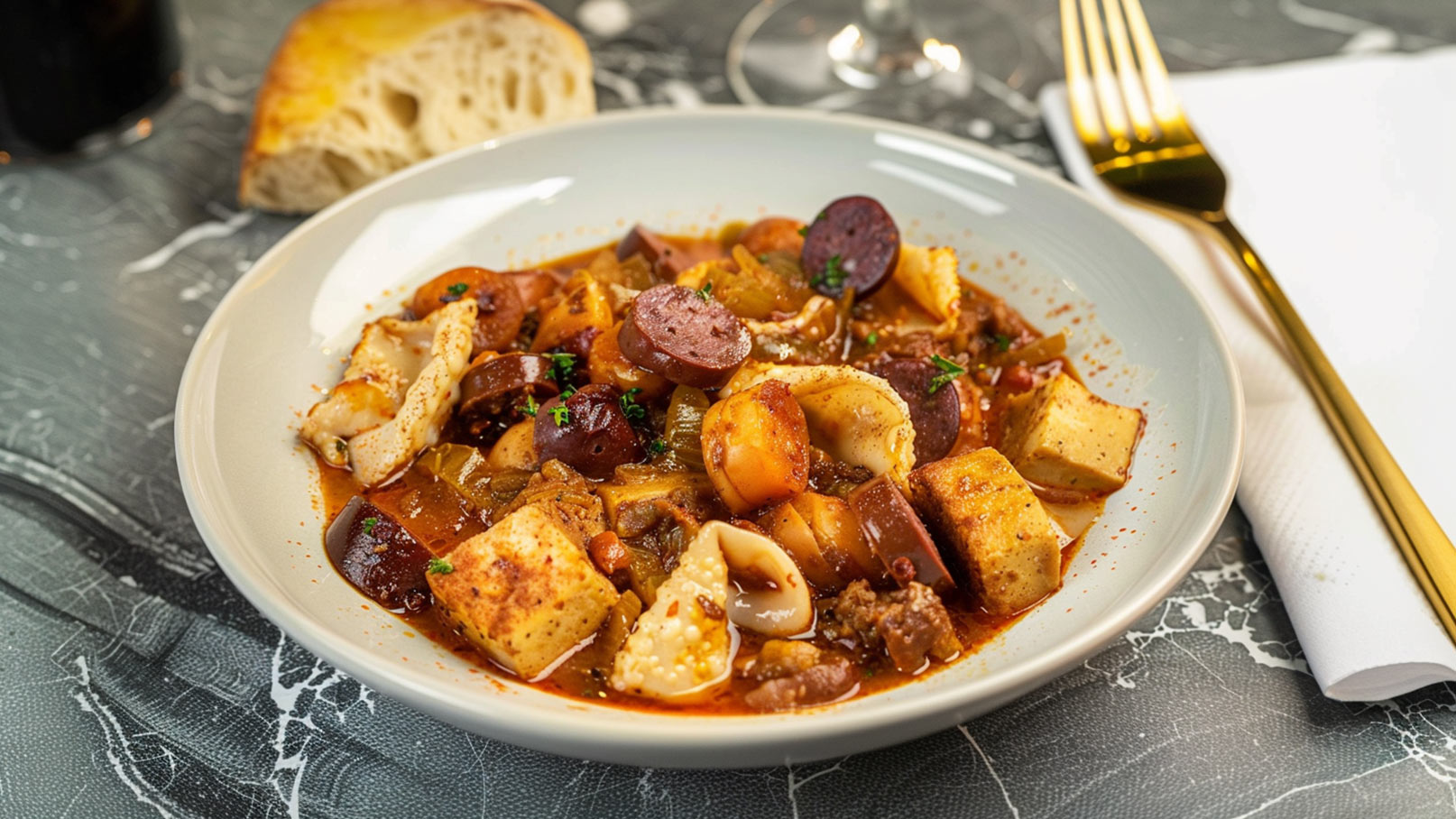 Ein tiefes Tellergericht mit herzhaftem Eintopf, das verschiedene Fleischstückchen, Gemüse und Gewürze enthält. Die speisen sind üppig und in einer aromatischen, roten Brühe angerichtet, serviert mit einem Stück Brot im Hintergrund.
