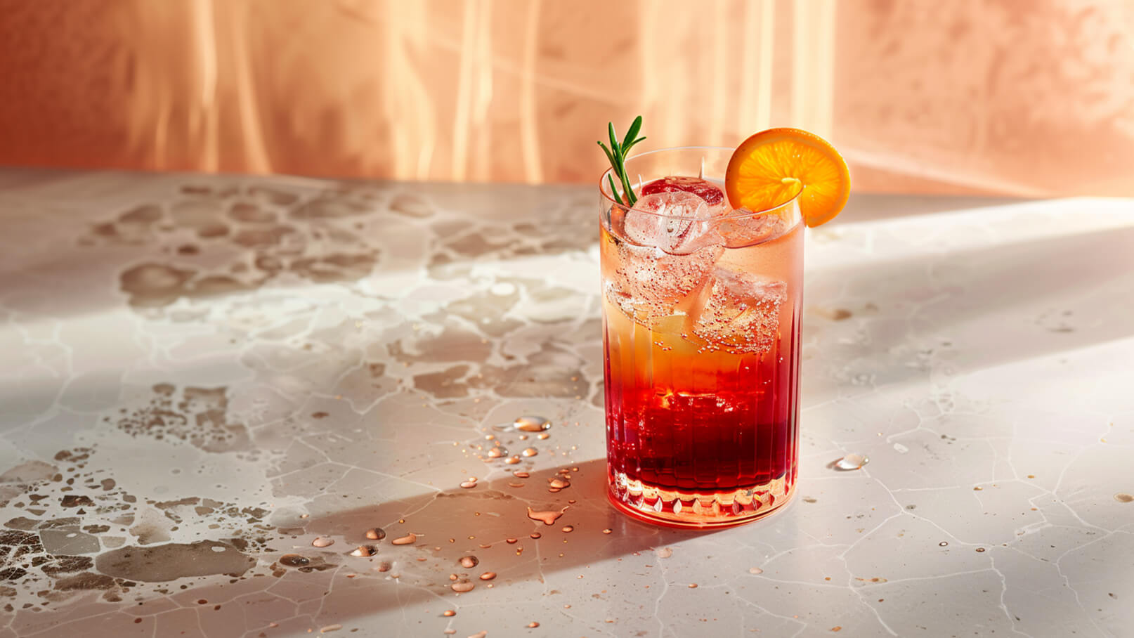 Ein bunter Cocktail in einem Glas mit Eiswürfeln. Der Drink hat einen roten bis orangefarbenen Farbverlauf und wird mit einer Orangenscheibe und einem Rosmarinzweig garniert. Der Hintergrund ist leicht verschwommen und vermittelt eine warme, einladende Atmosphäre.