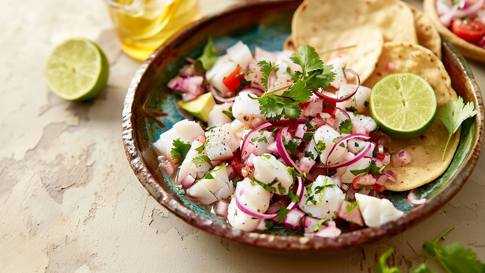 Eine bunte Schüssel mit frischem Ceviche, bestehend aus gewürfeltem Fisch, roten Zwiebeln, Tomaten, Koriander und Limettensaft. Neben der Schüssel liegen einige Tortillas und eine halbe Limette.