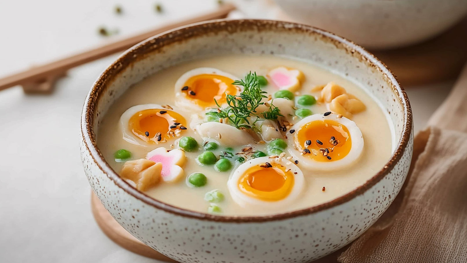 Eine Schüssel cremige Suppe mit halbgekochten Eiern, die leuchtend gelbe Eigelbe zeigen. Darin befinden sich grüne Erbsen und zarte Stücke von Fisch sowie dekorative, gefärbte Zutaten. Frische Kräuter und Sesamsamen verleihen dem Gericht zusätzlichen Geschmack.