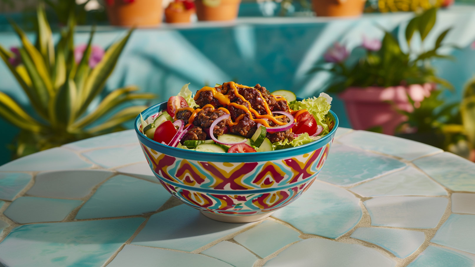 Eine bunte Schüssel mit Salat, gefüllt mit frischem grünen Salat, Tomaten, Gurken und roten Zwiebeln, belegt mit einer würzigen Fleischmischung und einer gelben Sauce. Die Schüssel hat ein dekoratives, farbenfrohes Muster und steht auf einem Tisch mit einem marmorierten Design.