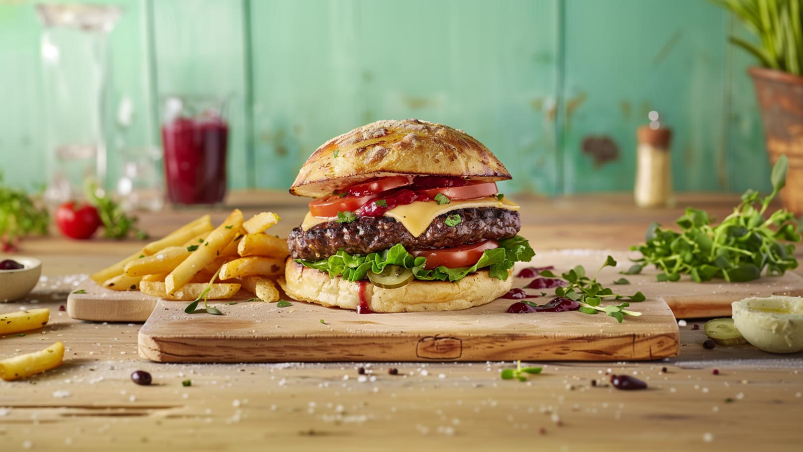 Ein saftiger Burger mit einem gegrillten Rindfleischpatty, Cheddar-Käse, frischenTomatenscheiben, Salat und einer süßen Sauce, serviert auf einem rustikalen Holzbrett. Daneben befinden sich knusprige Pommes frites. Der Hintergrund ist hellgrün, was eine fröhliche Atmosphäre schafft.