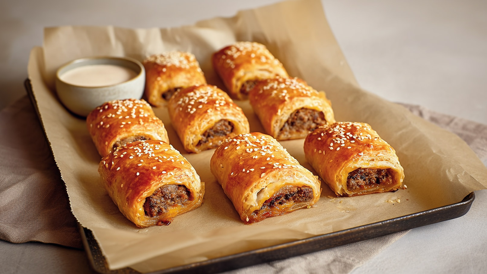 Auf einem Backblech liegen mehrere gebräunte Blätterteigrollen, gefüllt mit Fleisch und mit Sesam bestreut. Neben den Rollen befindet sich eine kleine Schüssel mit einer cremigen Sauce. Die Rolle wirken knusprig und appetitlich.