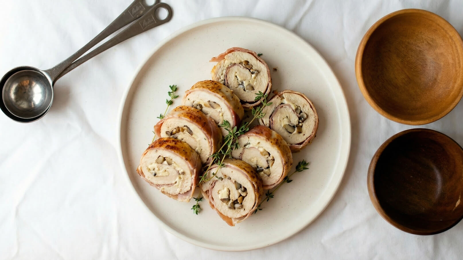 Auf einem weißen Teller liegt eine Anordnung von geschnittenen, gefüllten Hähnchenrollen. Die Rollen sind um einen cremigen Füllung mit Pilzen gewickelt und mit Thymianblättern garniert. Daneben befinden sich zwei hölzerne Schalen und ein Messlöffel.