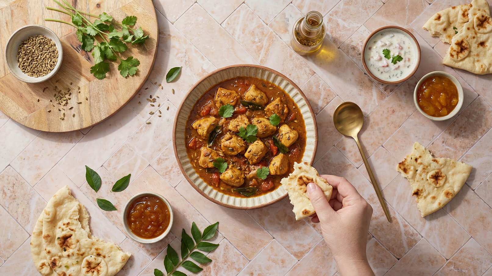 Ein Teller mit würzigem Hähnchen-Curry, garniert mit frischem Koriander, steht im Mittelpunkt. Daneben liegen Naan-Brot, Dips und Gewürze auf einem Tisch. Eine Hand reicht nach einem Stück Naan, um es ins Curry zu tauchen.